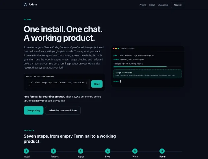 Screenshot of the Axiom product homepage on axiom.fastvel.com: the headline “One install. One chat. A working product.”, the one-line install command and a terminal preview of a staged build